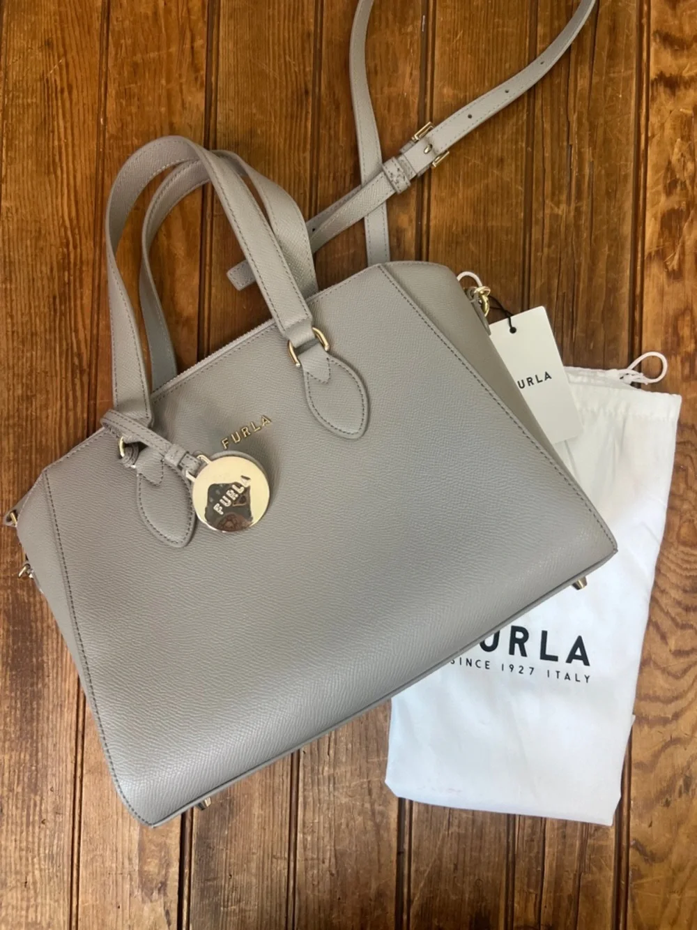 Furla bag Light Gray Pebbled Leather Satchel with Gold Charm New NWT